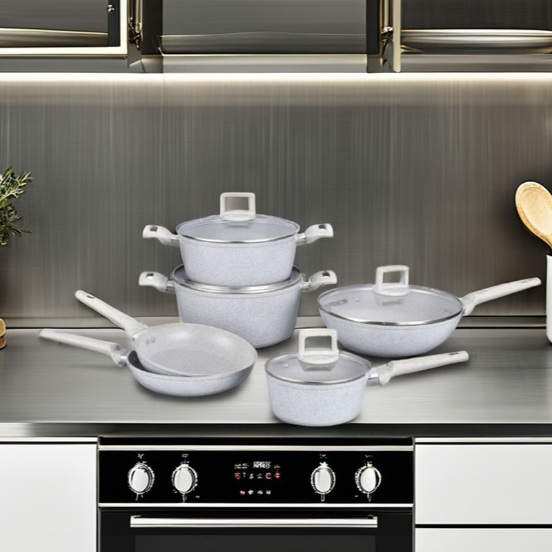 Soft Touch Kitchenware Juego de utensilios de cocina forjados con grano de madera de mármol