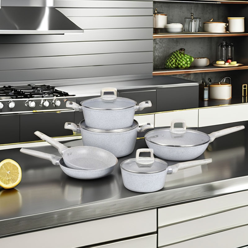 Soft Touch Kitchenware Juego de utensilios de cocina forjados con grano de madera de mármol