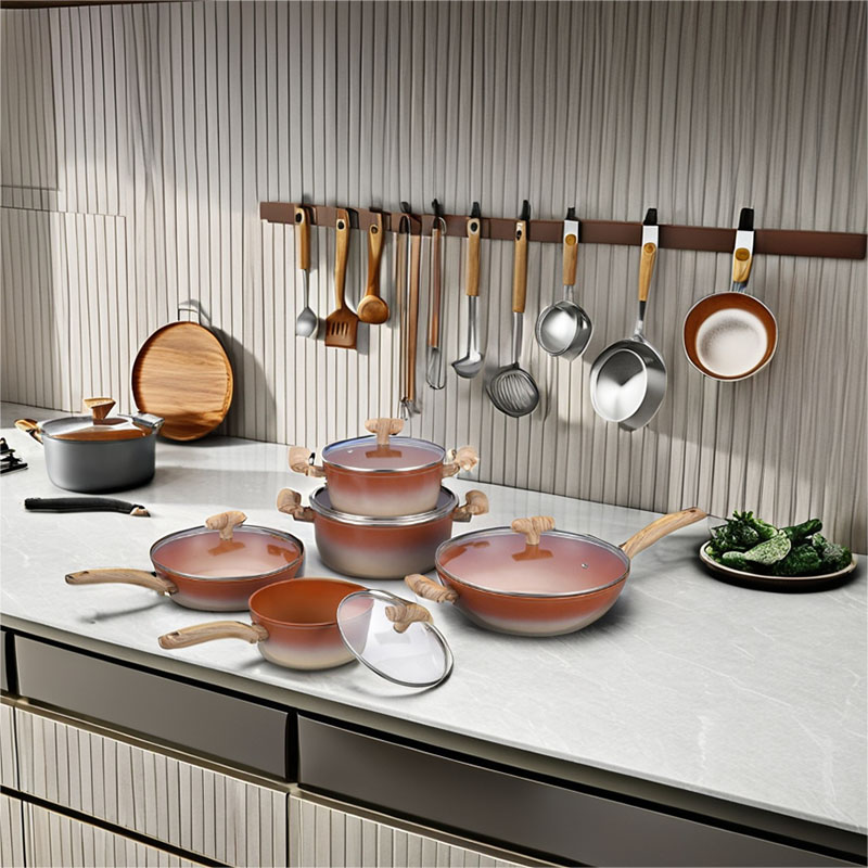 Pot Juego de cooks de cocción sin barra con grano de madera