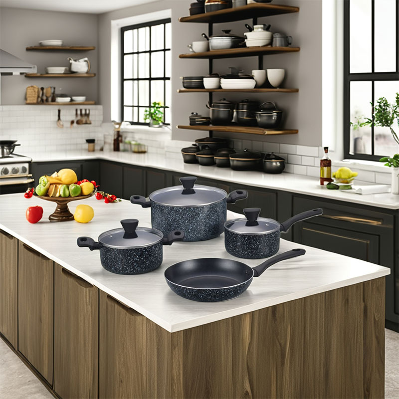 Potes de cocina negros negros premium sin hojas de cocina presionadas