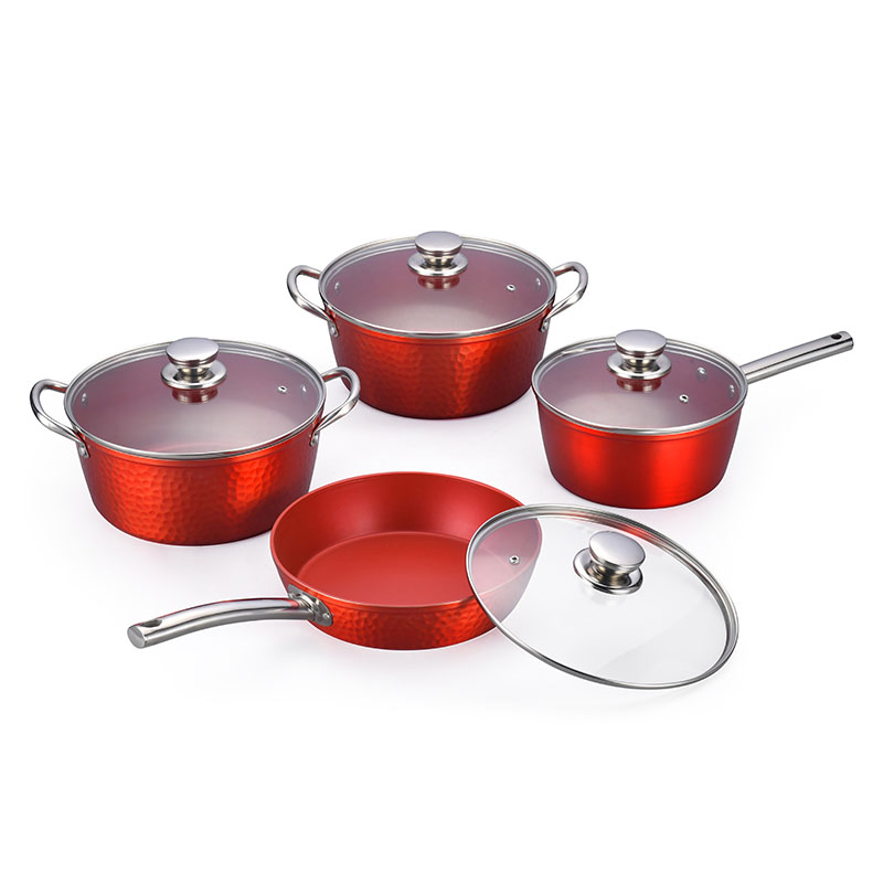 Ollas y sartenes de acero inoxidable martillado con utensilios de cocina forjados
