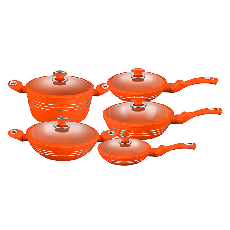 Orange cerámica y sartenes juego de utensilios de cocina forjados antiadherentes