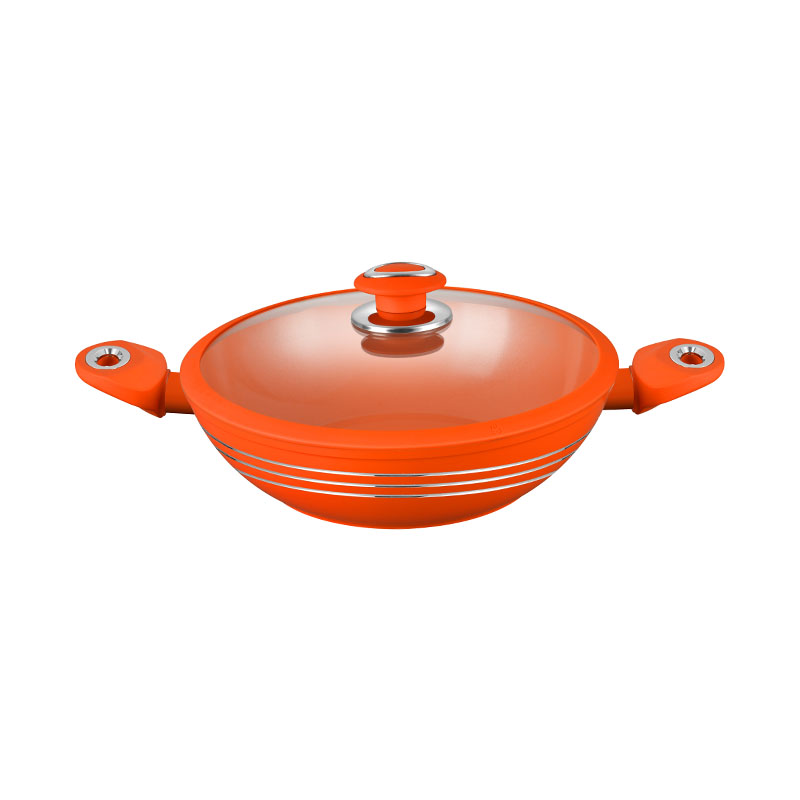 Orange cerámica y sartenes juego de utensilios de cocina forjados antiadherentes
